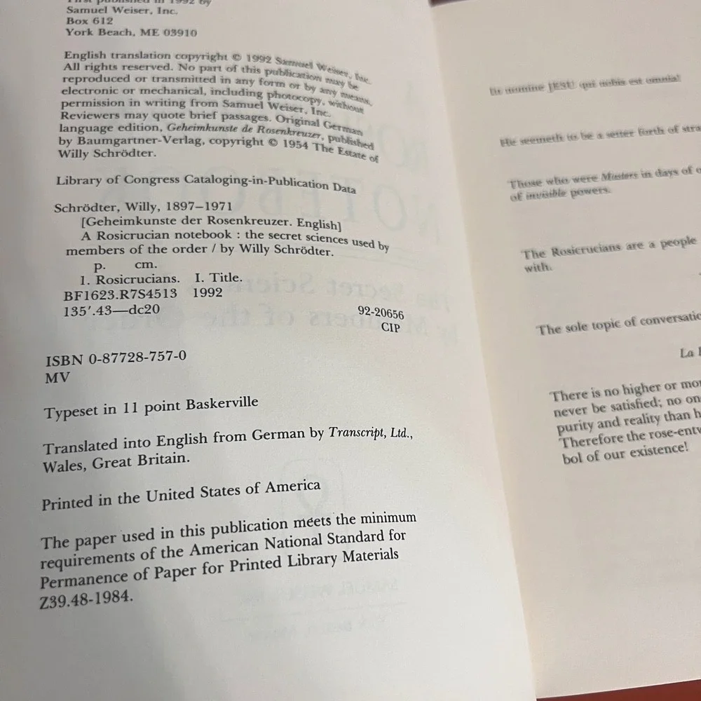 A Rosicrucian Notebook Willy Schrodter Secret Sciences Occult 1992 Samuel Weiser